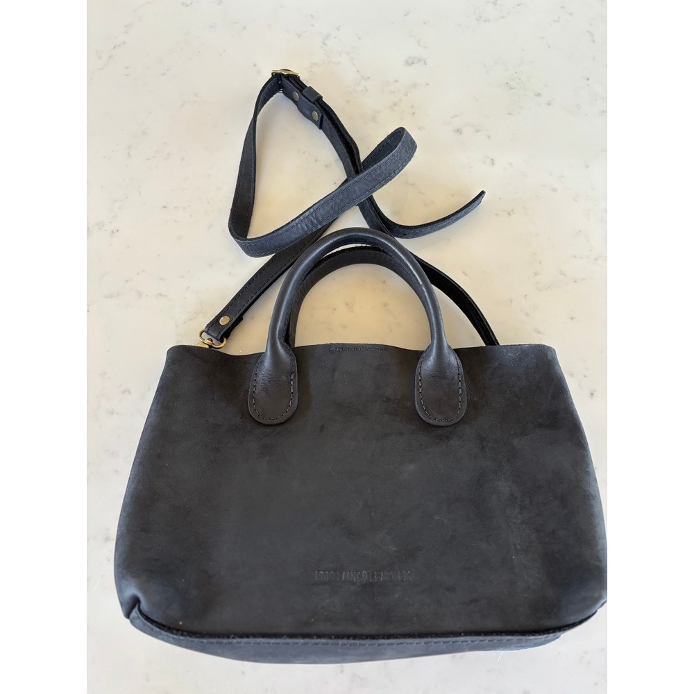 Portland Leather Goods Mini Crossbody Tote Black Leather Handbag Brass Hardware